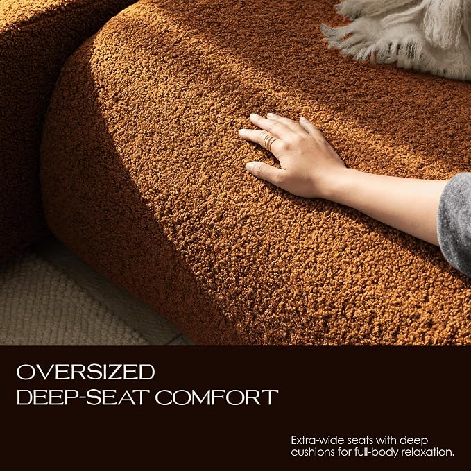 34" Curved Single Sofa Chair, Foam Boneless Sherpa Couch with Deep Seat, Comfy Teddy Sofas for Living Room, Bedroom, Apartment, Modern Sectional Modular Couches – No Assembly, Brown