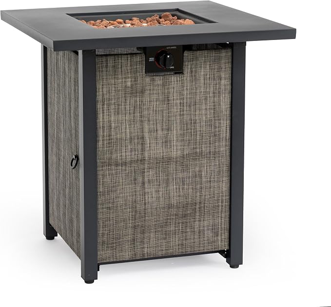 28" Propane Gas Fire Pit Table, 50000 BTU Square Outdoor Fire Pit with Steel Tabletop & Textilene Base, Patio Fire Table with Lava Rocks & Rain Cover for Backyard Deck Garden, Black