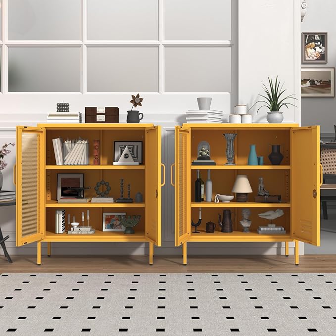 Yellow Metal Locker CabinetsMetal Locker Storage Cabinet with Mesh Doors and Adjustable Shelves Coffee Bar Cabinet,Kitchen Pantry Storage Cabinets for Home, Office, Entryway and Hallway