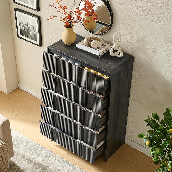AMERLIFE Fluted 5 Drawer Dresser, 48" Tall Modern Chest of Drawers with Pine Handles, Rounded Corners & Anti-Tip Design, Wood Drawer Organizer for Bedroom, Living Room, Hallway, Black