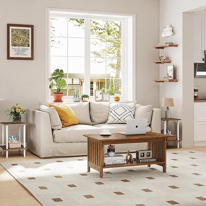 YOSHOOT 39.4" Farmhouse Coffee Table, Small Coffee Tables for Living Room | Rerto Wood, 2 Tier Coffee Table with Storage, Tea Table for Living Room Bedroom Small Space