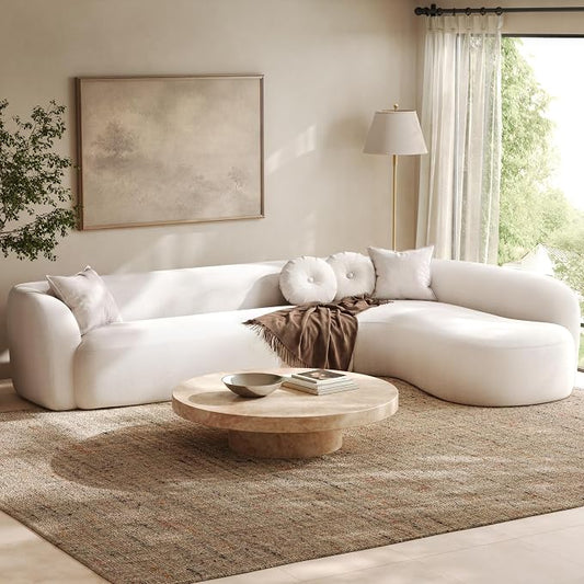 Curved Sectional Sofa with Chaise, 128" Oversized Cloud Couch, Chenille Fabric, High-Density Foam, Deep Seating, No Assembly, L-Shaped Sectional, Modern Living Room Sofa, Cream White