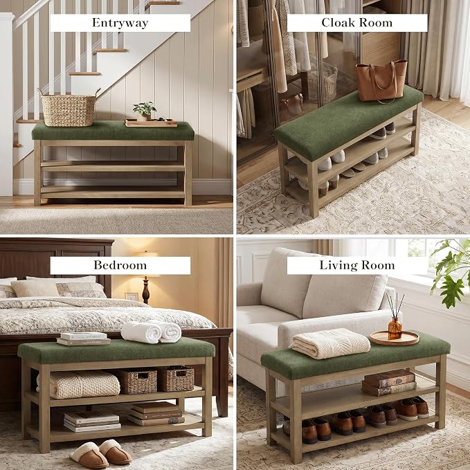 Zihanhome 2 Tier Shoe Rack Bench with Cushion, Solid Wood Shoe Benches, Mid-Century Modern Shoe Storage Bench for Entryway, Hallway, Living Room, Closet, Front Door Entrance, (Green, 39.4")