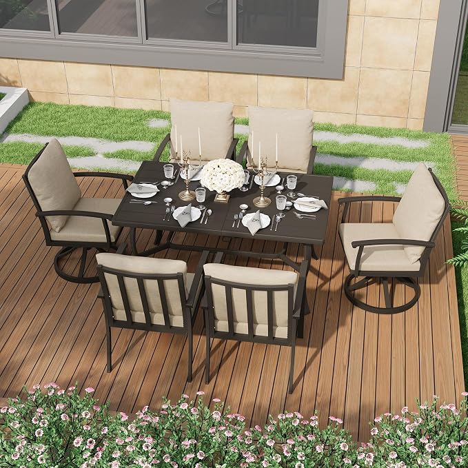 HAPPATIO 7 Piece Patio Dining Set, Aluminum Outdoor Dining Set for 6, Patio Furniture Sets, 2 Swivel Dining Chairs, 4 Dining Chairs, Aluminum Furniture Set for Patio, Yard (Black)