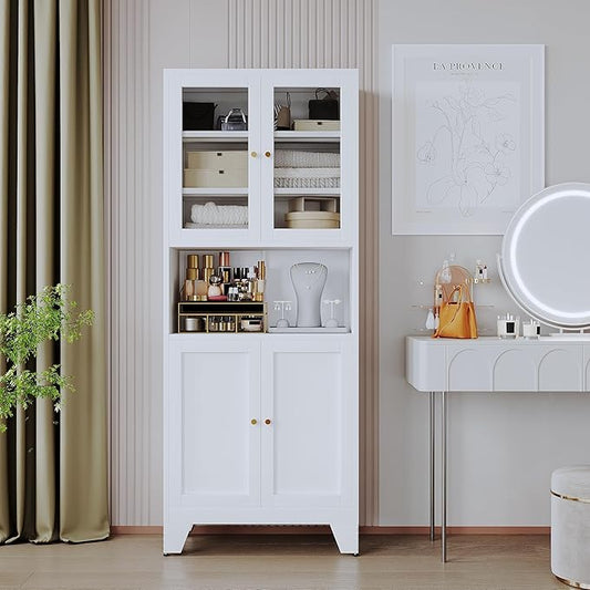 69" Tall Metal Pantry Cabinet with Microwave Stand,Microwave Storage Cabinet with 4 Doors & 3 Adjustable Shelves for Kitchen (4 Glass Doors-White, 13.78" D x 27.54" W x 68.9" H)
