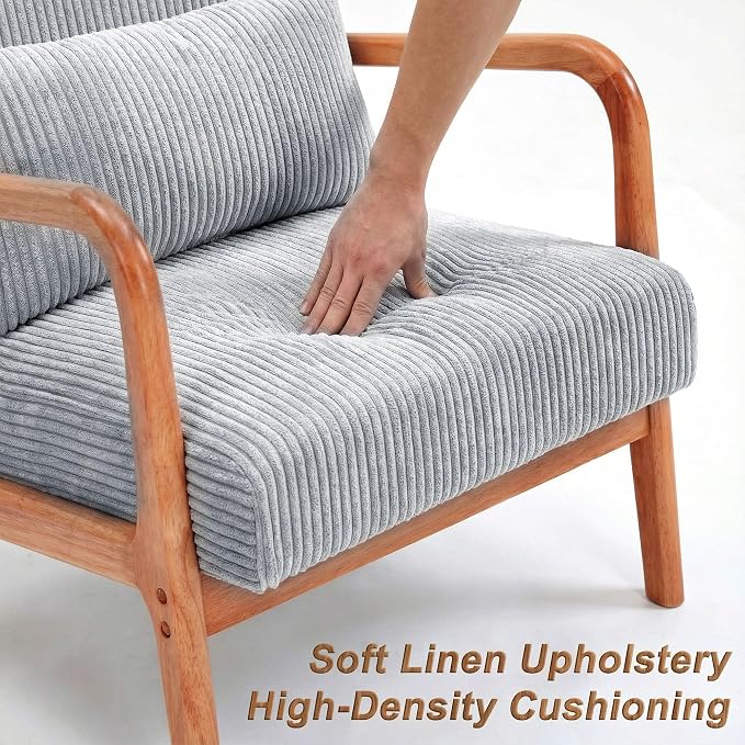 Mid Century Modern Accent Chair with Solid Rubberwood Frame, Comfy Corduroy Reading Armchair with Lumbar Pillow, Compact Lounge Chair for Bedroom, Nursery & Small Spaces, Light Grey