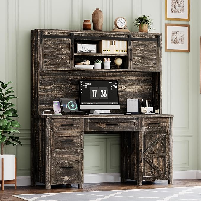 LUMISOL Farmhouse Executive Desk with Hutch and Charging Station, Computer Desk with 2 Sliding Barn Doors, 5 Drawers and Storage Cabinet with 3-Position Adjustable Shelf, Rustic Grey