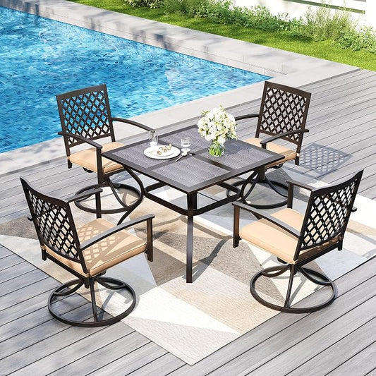 PHI VILLA 5 Pieces Outdoor Dining Set for 4, 37” Square Metal Steel Table with Mesh Tabletop & Swivel Wrought Iron Chairs with Cushions, Outside Furniture Set for Patio, Deck, Yard, Porch