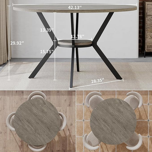 Round Dinner Table for 2-4, 42 Inch Kitchen & Dining Room Table with Storage, Wooden Circle Dining Table, Mid Century Modern Dining Table with Metal Legs for Kitchen, Living Room, Dining Room, Grey