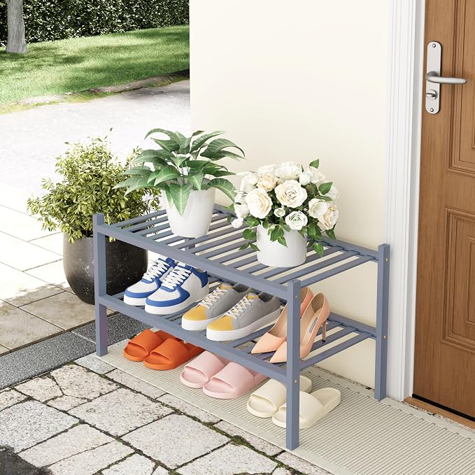 Smiry Bamboo Shoe Rack, 2 Tier Free Standing Wooden Shoe Organizer, Stackable Wood Shoe Storage Shelf for Closet, Entryway, 14 Vertical Slats, One-piece Heavy-Duty Legs, 26.8"x11"x13", Grey