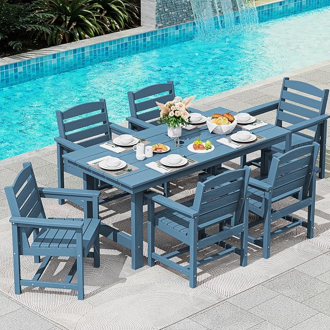 SERWALL 67" Rectangle HDPE Outdoor Dining Table for 6,Blue