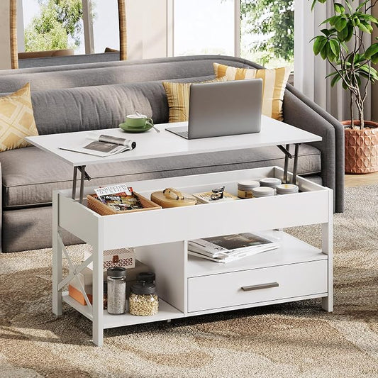 WLIVE Coffee Table, 39" Lift Top Coffee Table with Hidden Compartment, Storage Drawers and Storage Shelf for Living Room, Reception Room, White