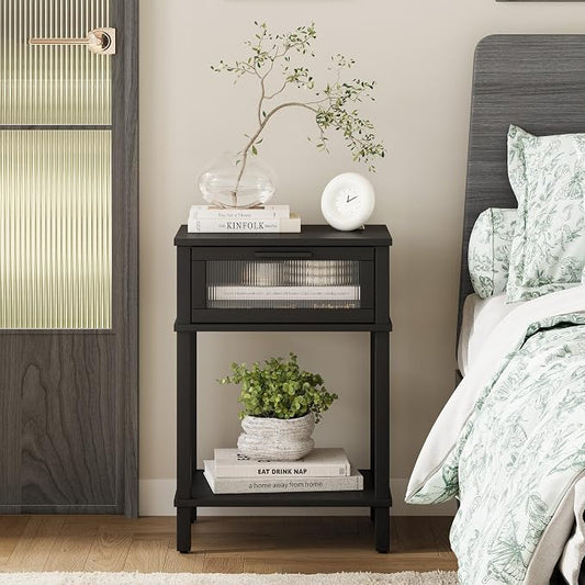 Nightstand Wooden Bedside Table with Drawer Black Night Stands Modern Style Small End Table Side Table with Storage Shelf for Bedroom Living Room MLBZ10B