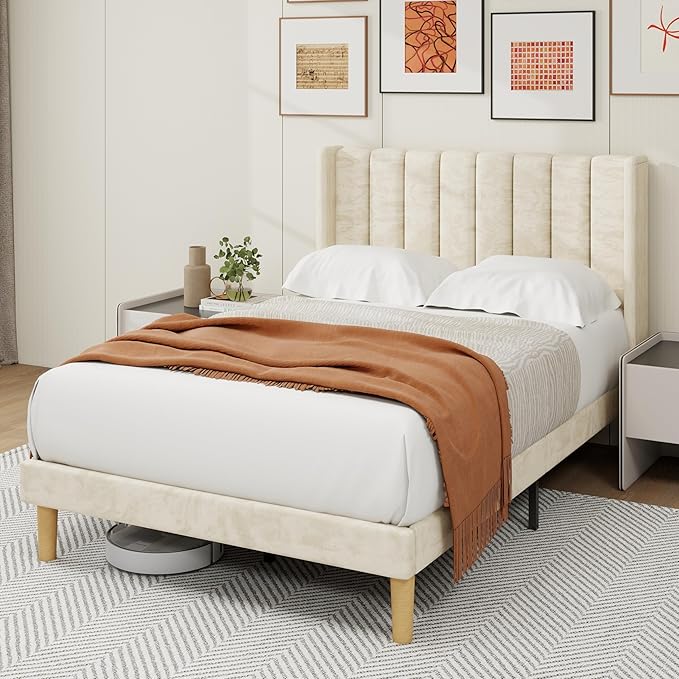 alazyhome Platform Bed Frame Full Size with Upholstered Headboard, Solid Wood Slats Support, No Box Spring Needed, Noise Free, Easy Assembly, Modern Velvet Bed, Beige