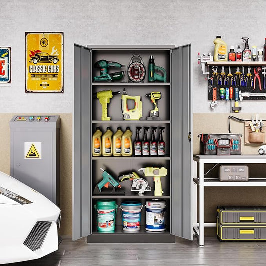 72 Inch Metal Cabinet,Locking Storage Cabinet with 2 Doors and 4 Adjustbale Shelves,Steel Tool Cabinet for Garage,Basement,Home Office,Gym(Grey& Black)