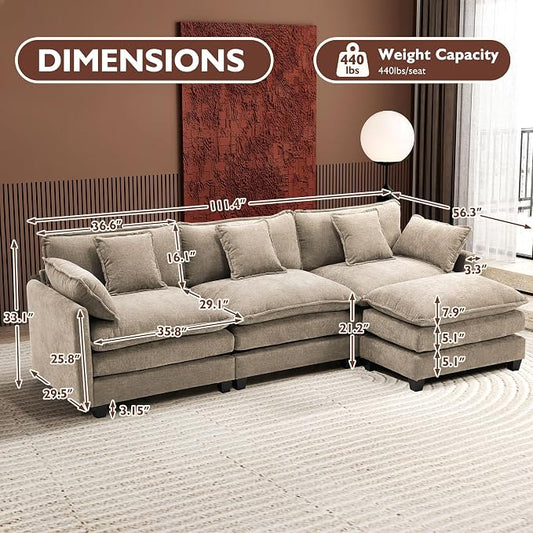Ihanherry 111.4" L Shaped Modern Sofa Modular Sectional Luxurious and Comfortable with Ottoman, 4-Seat Chenille Deep Seat Sofa with Pillow for Living Room, Bedroom and Apartment, Sand