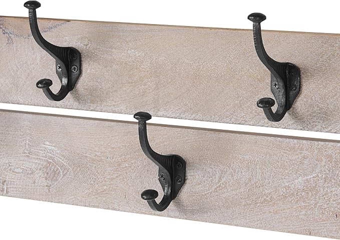 Alaterre Furniture Bethel Wall-Mounted Coat Rack with Shelf – Modern Farmhouse 40-Inch Solid Wood Entryway Organizer with 5 Black Metal Double Hooks & Upper Storage Shelf (Driftwood Finish)