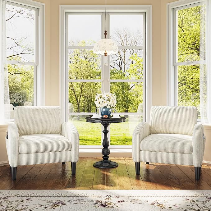 Homkdom Accent Chairs Set of 2 for Living Room,Mid Century Modern Reading Chair with 2 Side Pockets,Upholstered Armchair for Apartment,Small Room,Beige