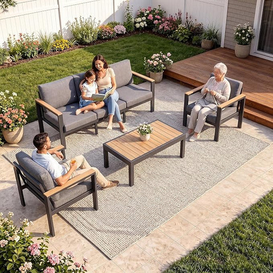 4-Piece Aluminum Patio Furniture Set, Outdoor Patio Conversation Set with 2 Chairs+3-Seat Sofa+Coffee Table, 1.5mm Thick Weather Resistant Frame, Removable Waterproof Cushions for Balcony Backyard
