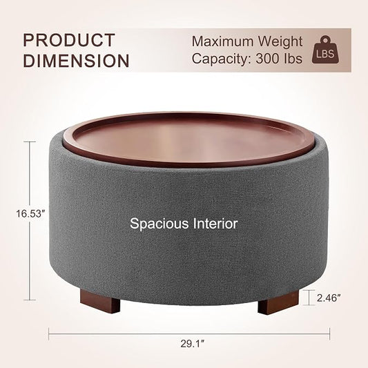 29.1 Inch Round Ottoman Coffee Table, Ottoman with Storage, Boucle Grey | Storage Ottoman with Removable Lid Top, Solid Wood Legs, Round Ottoman for Living Room, Bedroom, Apartments