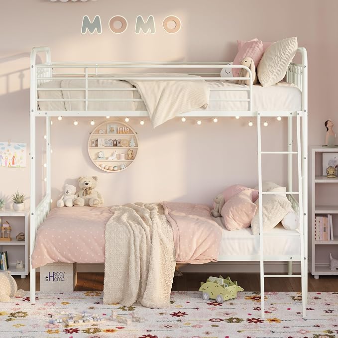 SHA CERLIN Convertible Twin Over Twin Bunk Bed, CPC Certified,White | Victorian Iron-Art Headboard and Footboard,Space-Saving Metal Bunk Bed with Guardrail & Ladder,No Box Spring Needed