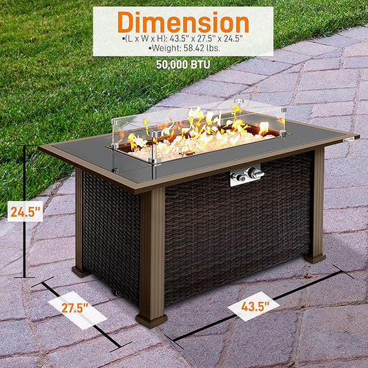 SereneLife Outdoor Propane Fire Pit Table - CSA Approved Safe 50,000BTU Auto-Ignition Propane Gas Fire Table - Rattan Panel, Glass Wind Guard, Black Tempered Glass Tabletop, Clear Glass Rock SLFPTL