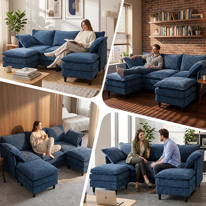 3 Seater U-Shape Couch Sofa with Ottomans, 69" Small Couch Modern Comfy Cloud Sofa with 23" Deep Washable Pillow ChenilleCover Couches for Living Room Bedroom Apartment Office 69-Blue-U