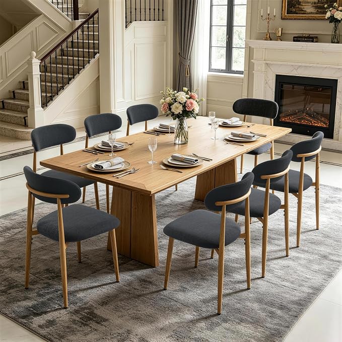 FREKEN Modern Upholstered Dining Chairs Set of 4, Mid-Century Metal Frame with Wood Grain, Linen Fabric Side Chair for Kitchen Dining Room, 350lbs Capacity, Black