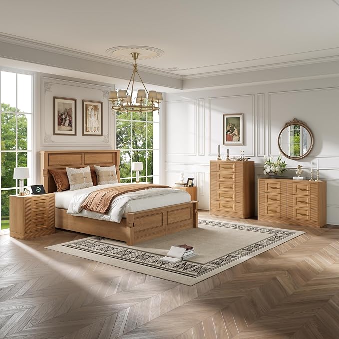 RECHHX 3 Drawer Dresser for Bedroom, 25.6" Tall Nightstand with Charging Station, Farmhouse 23.6" Wide End Table, Thermoformed Curved Small Chest of Drawers for Bedroom, Living Room, Nature Oak