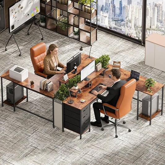 Korfile 66" L Shaped Computer Desk with Power Outlets, Home Office Desk with 4 Adjustable Storage Drawers & 2 Monitor Stands, Large Two Person Gaming Table for Writing Study, Rustic Brown