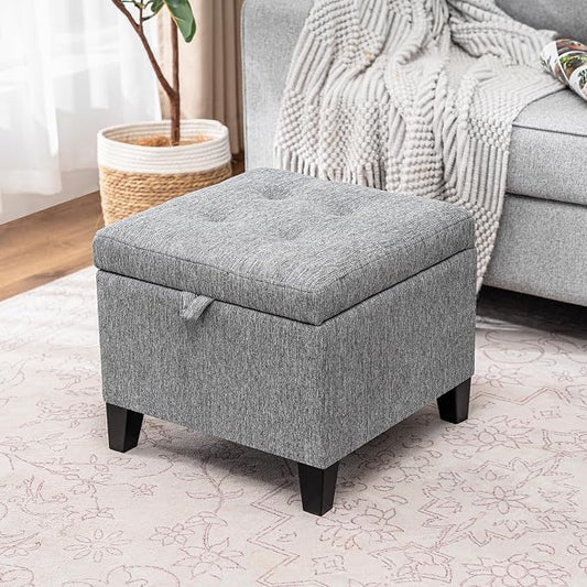Adeco 18-Inch Cube Storage Ottoman, Upholstered Linen Footrest Stool with Hinged Lid for Living Room & Bedroom, Small Vanity Seat with Solid Wood Legs, Supports 350 lbs, Beige Grey