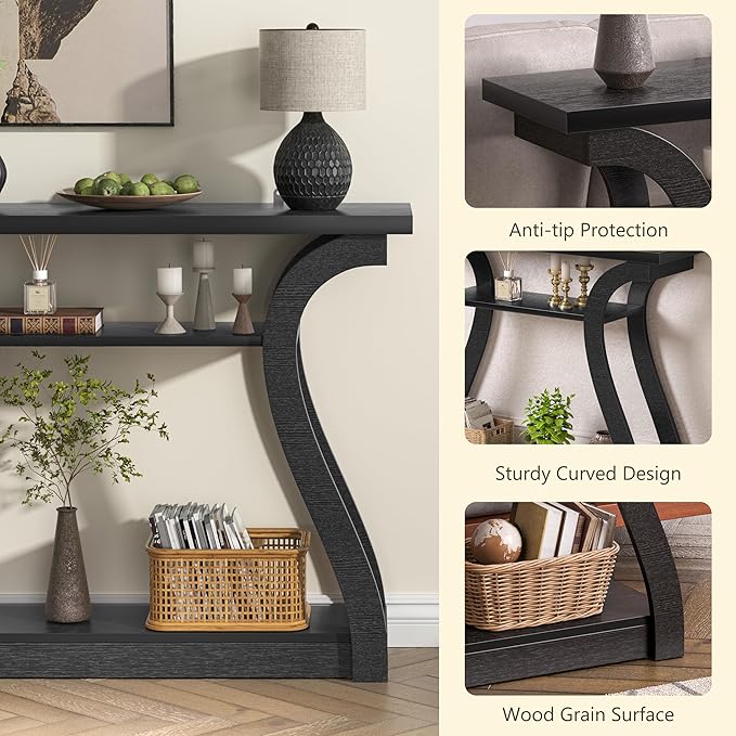 Wooden Console Table with Curved Legs and Shelf, 3-Tier Modern Accent Narrow Sofa Table for Entrance Area, Living Room, Hallway, 47 in Wide Wood Console Table for Entryway (Black)