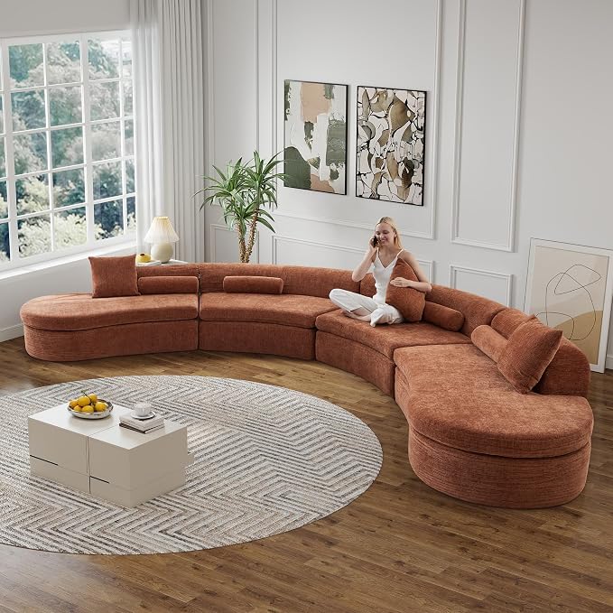 AVZEAR Curved Modular Sectional Sofa, Chenille Upholstered Cloud 1 Seater Couch for Living Room, No Assembly Modern Love Seat Sofa with 1 Bolster Pillows & 1 Square Pillows, High-Density Foam, Orange