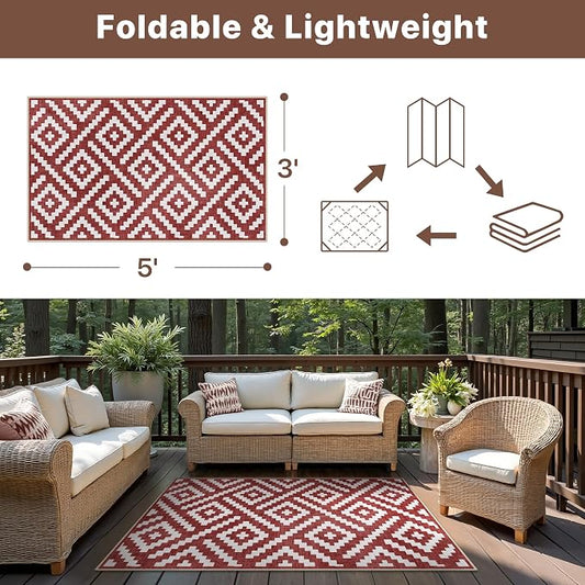 GENIMO Outdoor Rug for Patio Clearance, 3'x5' Indoor Area Rug, Waterproof Reversible Christmas Mat, Outside Camping Carpet for Porch, Living Room, Balcony, Deck, Bedroom, Picnic, Red White