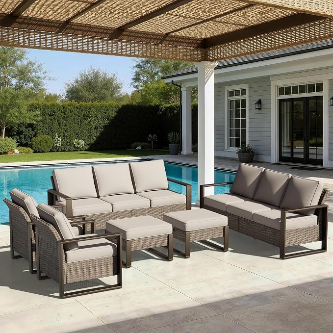 Joyside Outdoor Patio Chairs, 5 Pieces Wicker Rattan Furniture Set, 2 Patio Chairs, 2 Sofa and 2 Ottoman, Metal Wide Armrest, Thick Cushions and Deep Seating for Garden, Backyard, Porch, Deck