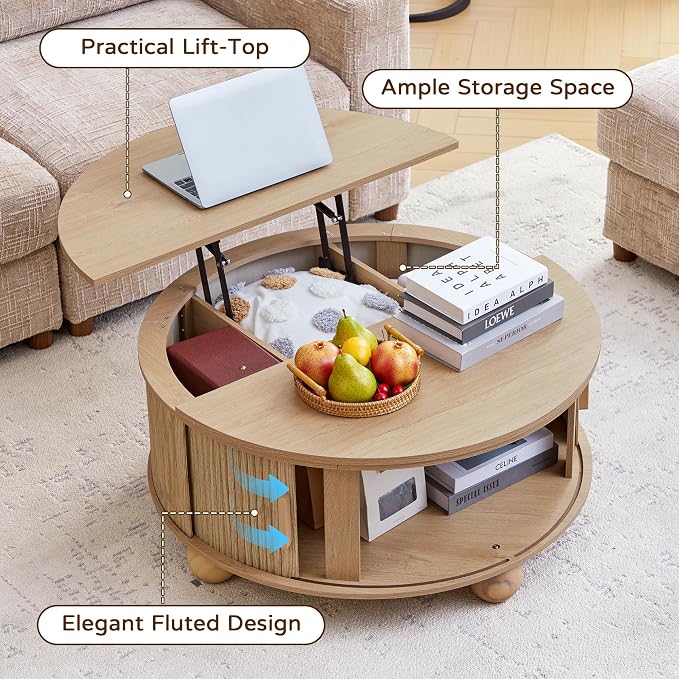 Fluted Round Lift Top Coffee Table with Hidden Storage, 33.5'' Modern Boho Center Table with Sliding Tambour Door & Solid Wood Legs, Circle Coffee Table for Living Room, Small Space, Natural