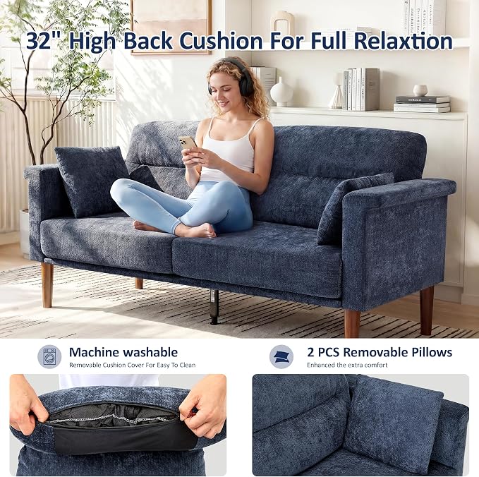 Vipbear 69" Loveseat Sofa,Modern Couches for Small Spaces,Blue Chenille Love Seat Couch for Living Room,Bedroom,Apartment,Office,Deep Seat,Armrest Tabletop,Throw Pillow