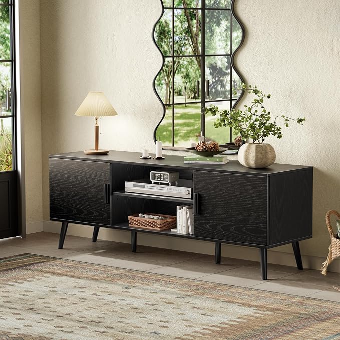 SUPERJARE TV Stand for 55 Inch TV, Entertainment Center with Adjustable Shelf, 2 Cabinets, TV Console Table, Media Console, Solid Wood Feet, Cord Holes, for Living Room, Bedroom, Black