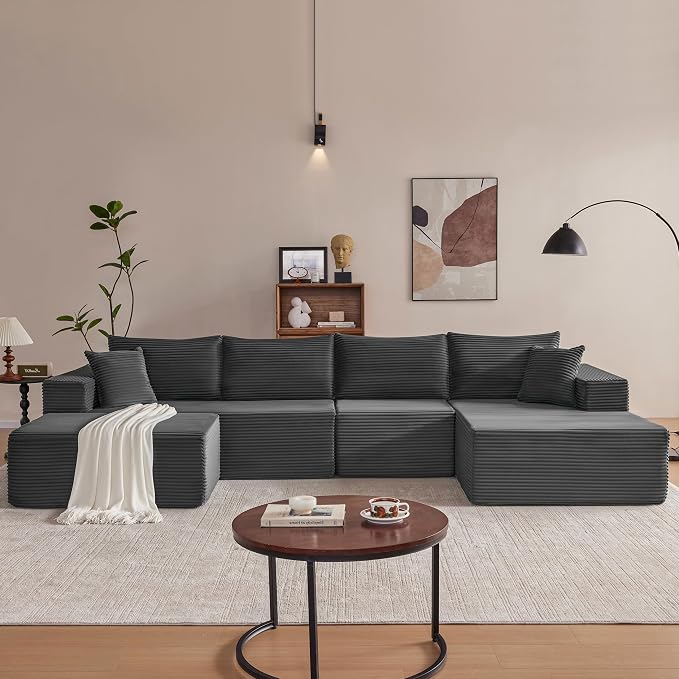Mangodan 140” Cloud Sectional Couch, Boneless Sofa for Living Room, Modular Sectional Sofa with Deep Seat, Comfy Fluffy U-Shaped Couch with Right-Facing Chaise, No Assembly Required, Grey