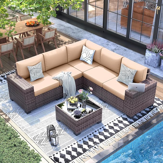 UDPATIO Patio Furniture Set, 8 Inch Armrest Outdoor Sectional Sofa with Wicker Coffee Table, 6 Piece Conversation for Garden, Backyard, Khaki
