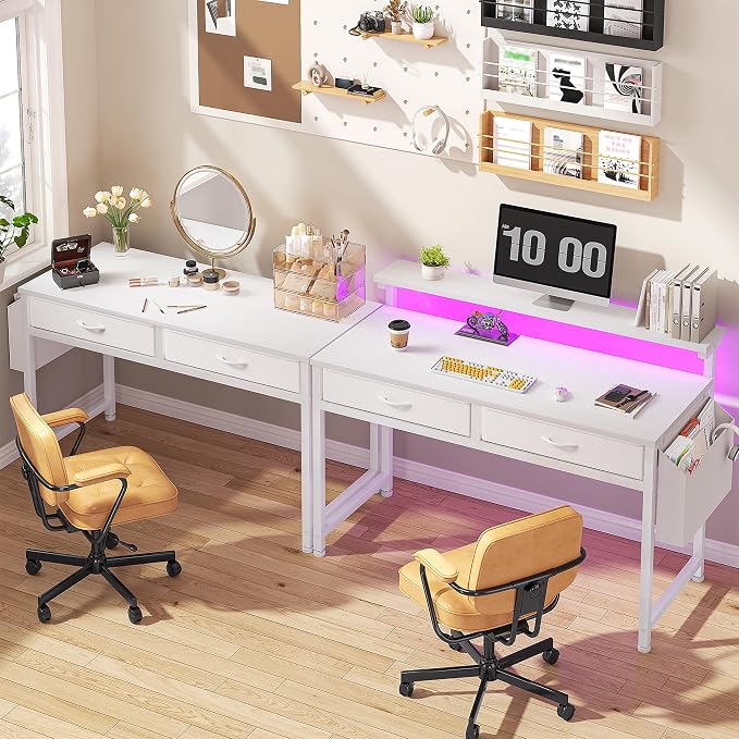 DurayLoly Computer Desk with 2 Drawers & LED Lights,39.4 Inch Home Office Desks with Side Pocket and Monitor Stand,Study Writing Table for Small Spaces,White