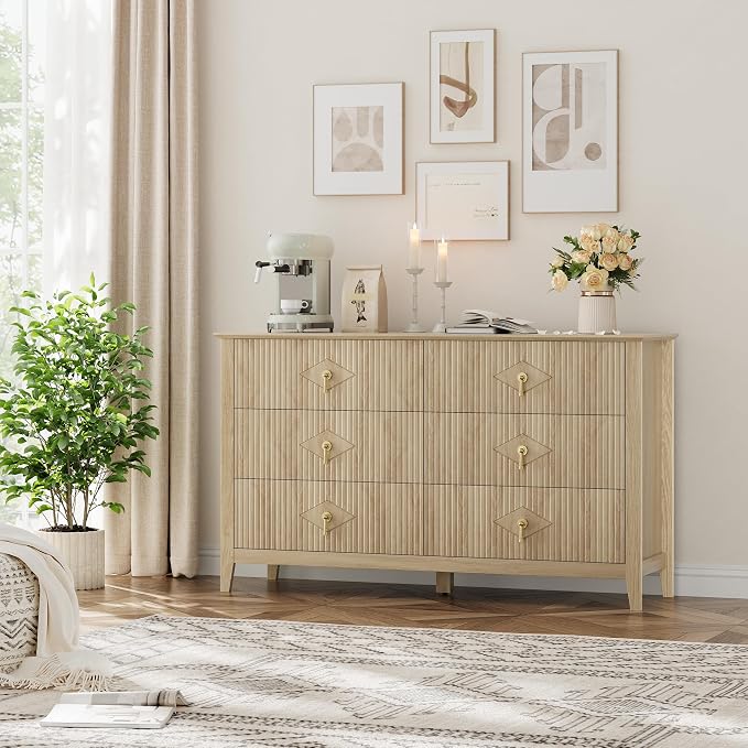 GarveeHome Fluted Dresser for Bedroom, 54 Inch Wide 6-Drawer Wood Dresser, Modern Chest of Drawers, Storage Organizer Cabinet for Living Room, Hallway, Entryway, Natural Oak