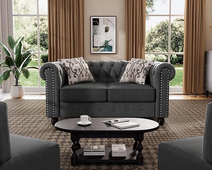 Morden Fort 2 Piece Classic Chesterfield Sofa Set, Tufted Chair & Loveseat Furniture Solid Wood Legs Thick Cushion, Pet-Friendly Couch Set for Living Room Bedroom Apartment, Linen Grey