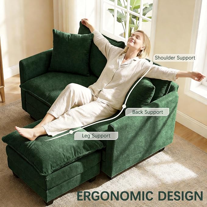 52" Loveseat Sofa, L-Shaped Cloud Couch with Ottoman, Comfy Chenille Love Seat with 2 Pillows, Small Loveseat for Small Spaces, Living Room, Bedroom,Apartment and Office, Green