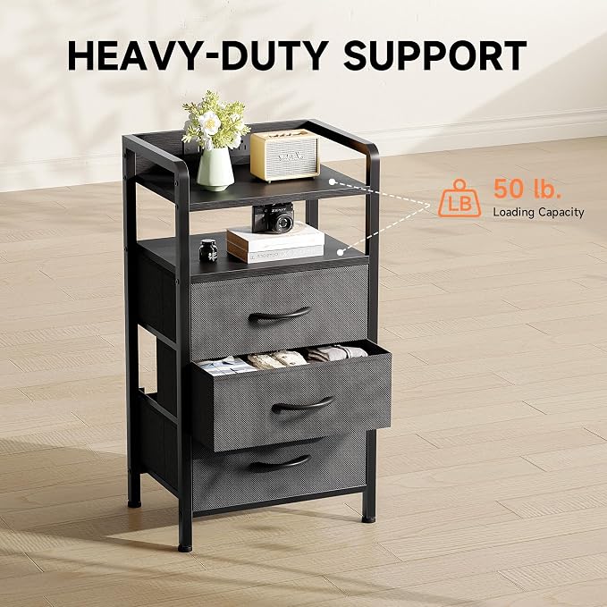 Lazzanto Night Stand Bedside Charger Bedroom - Nightstand with Charging Station & LED Light Strip, Night Stand with Storage Shelf & 3 Fabric Drawers, Morden End Table with U-S-B Ports & AC Outlets