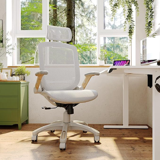 GABRYLLY Ergonomic Office Chair, High Back Home Desk Chair with Flip-Up Arms, Headrest, 90-120° Tilt and Wide Cushion, 300LBS White Mesh Chair for Work Gaming Study (GY01-NT, Woodgrain Pattern)