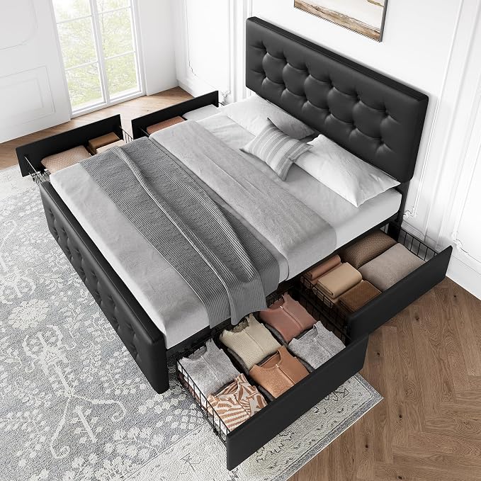 IDEALHOUSE Full Size Bed Frame with 4 Storage Drawers and Headboard, Faux Leather Upholstered Platform Bed Frame with Wooden Slats Support, Button Tufted Design, No Box Spring Needed, Black