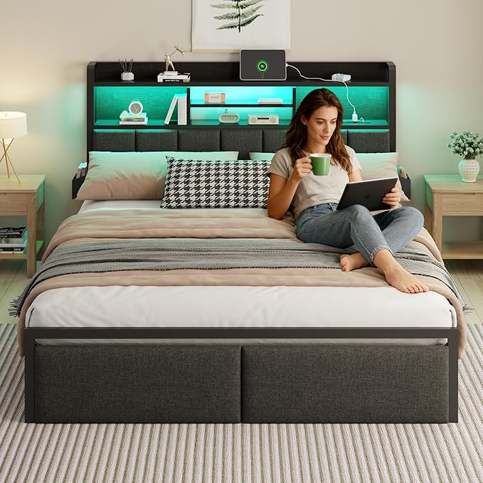 Furnulem Full Size Bed Frame with Upholstered Headboard, Bed Frame Full with Storage Drawers, Charging Station & LED Lights, Metal Platform No Box Spring Needed, Noise Free, Black (1200 lbs Capacity)