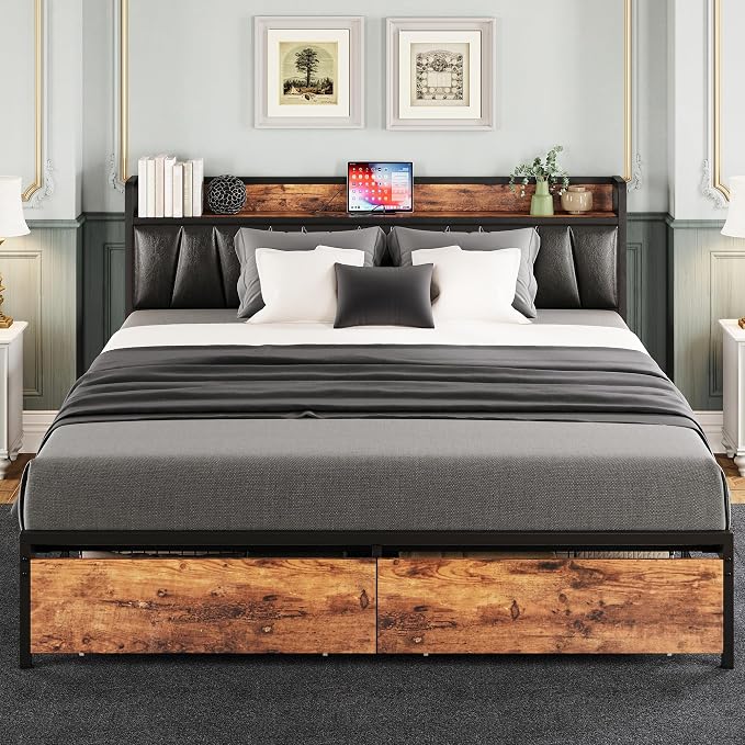 LIKIMIO California King Size Bed Frame with 2 Drawers and Charging Station | Platform Bed with Upholstered Storage Headboard, No Box Spring Needed, Easy Assembly, Sturdy, Vintage Brown and Black
