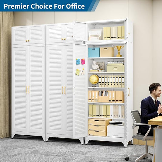 90" Metal Storage Cabinet with Louvered Doors, Heavy Duty Steel Wardrobe, Tall Kitchen Pantry Cabinet with Adjustable Shelves, 2 Packages, White